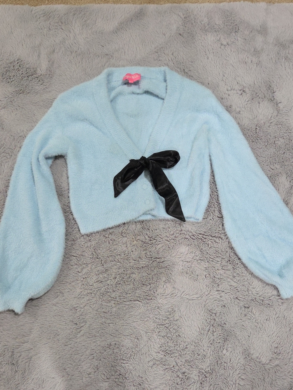 Dolls Kill Sugar Thrillz Light Blue Cropped V-Neck Cardigan Sweater Black Bow
